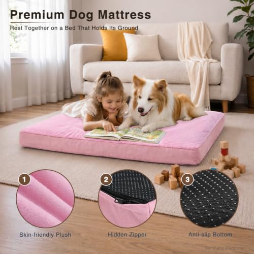 Waterproof Large Dog Bed for Crate with Washable Cover (35.0"L x 22.0"W x 3.0"Th / Pink)