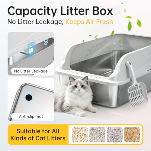 High Sided Stainless Steel XL Cat Litter Box for Cats (Grey L)