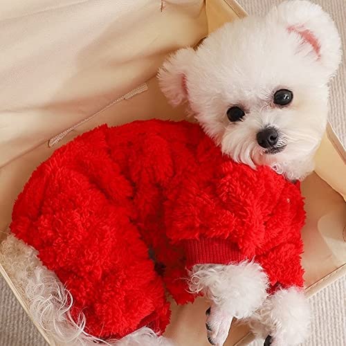 Plush Dog Pajamas for Cold Weather 4 Legged Clothes for Dog Cat Stretchy Puppy Kitten Onesie with Buttons Warm Soft Pet Jumpsuit Winter Coat Red Medium (Medium / Christmas Red)