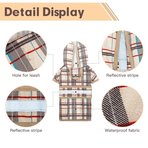 Dog Raincoat Hooded Slicker Poncho with Leash Hole (S:10-15lbs / Plaid beige)