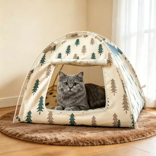 Portable Pet Tent Cave Bed with Removable Washable Mat (Khaki)