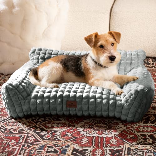 Cat Couch Bed with Fluffy Faux Rabbit Fur for Indoor Cats (Grey / Medium: 30"L x 20"W x 10"Th)