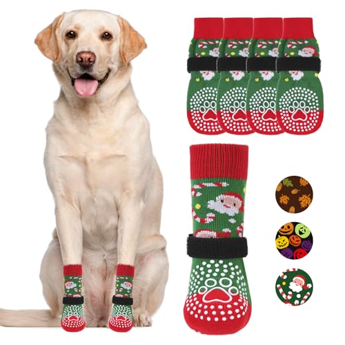 Anti Slip Dog Socks for Hot (Christmas Green / Large (4 Pack))