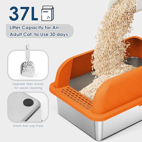 XL Enclosed Stainless Steel Cat Litter Box for Big Cats (Orange & Sliver / Large)
