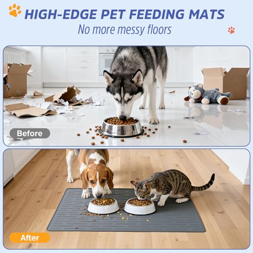 Large Dog Mats for Food and Water (Gray / 40"L x 30"W)
