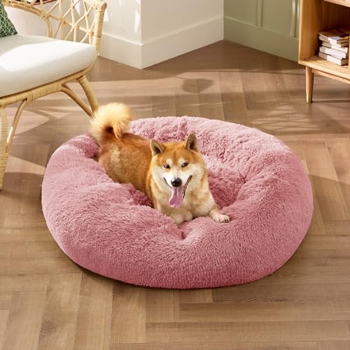 Calming Dog Bed Medium Size Dog Donut Washable Pet Bed (30"L x 30"W x 8"Th / Mauve Blush)