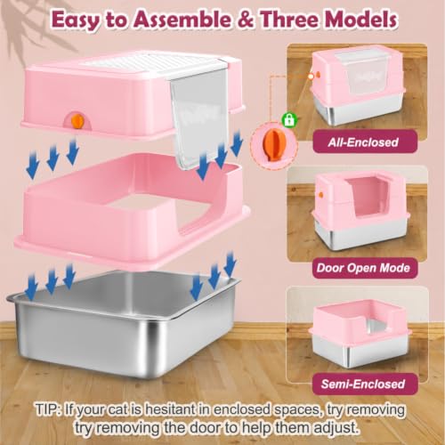 XL Enclosed Stainless Steel Cat Litter Box with Lid (Pink)