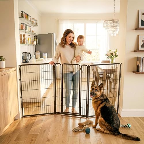 Dog Gate Extra Wide Adjustable for Openings Up to 83" (Black / Up to 83" W【2 Panels + 1 Door】 / 45"H)