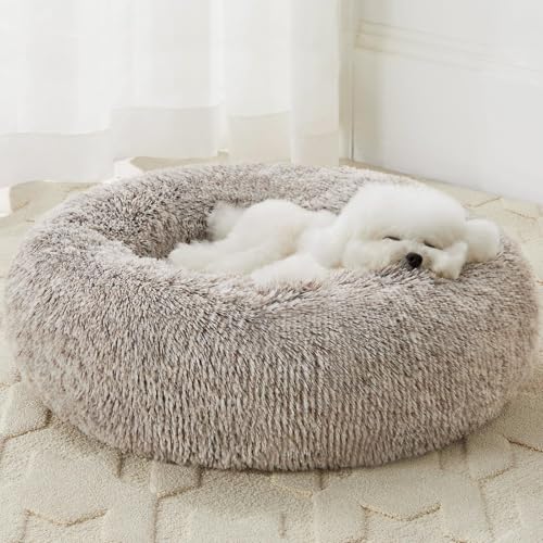 Large Round Calming Dog Bed Cat Bed for Comfy Sleep (45"L x 45"W x10"Th / Light coffee)