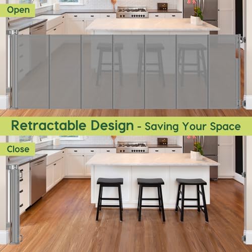 Reinforced 80 Inch Extra Wide Retractable Dog Gate to Prevent Crawling Through (Gray / 33" Tall x 80" Wide（ With Reinforced Bar ）)