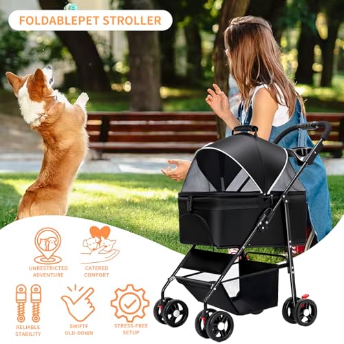 3-in-1 Pet Stroller for Small/Medium Dogs Cats,4 Wheels,Detachable Carrier Basket,Breathable Mesh,Storage Basket,Cup Holder,Weather Cover,Black (Black)