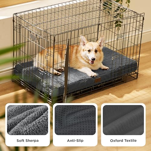 Washable Dog Crate Bed for Large Size with Comfy Sherpa (35"L x 22"W x 3"Th / Dark Grey)