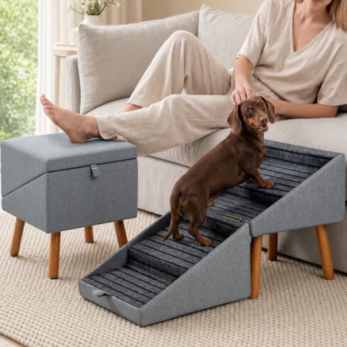 2-in-1 Wooden Pet Stairs & Ottoman 17" H Foldable Dog Ramp with Solid Wood Frame & Tech Cloth Surface Pet Footstool Steps with Non-Slip Surface for Puppy Senior Injured Dogs Couch Bed (Dark Gray / 16.1"L x 16.1"W x 17"H)