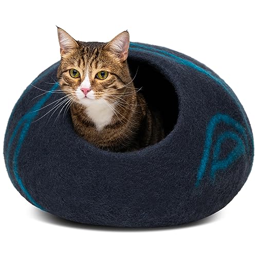 Cat Cave Merino Wool Bed for Indoor Cats (Black Aqua, Large)