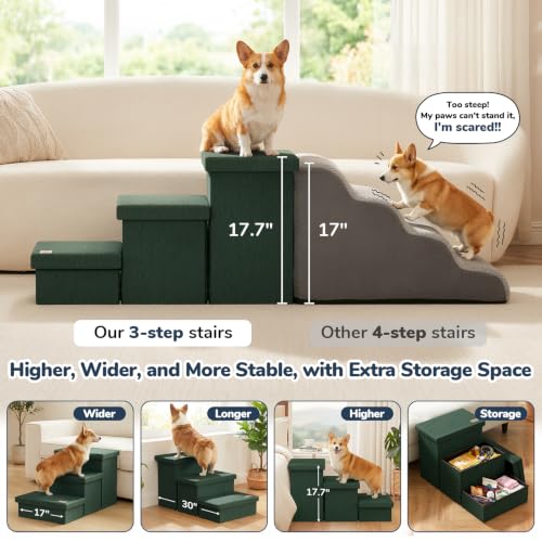 3 Step Wide Dog Stairs with Hidden Storage 18" H (Dark Green / 30"D x 17"W x 17.7"H)
