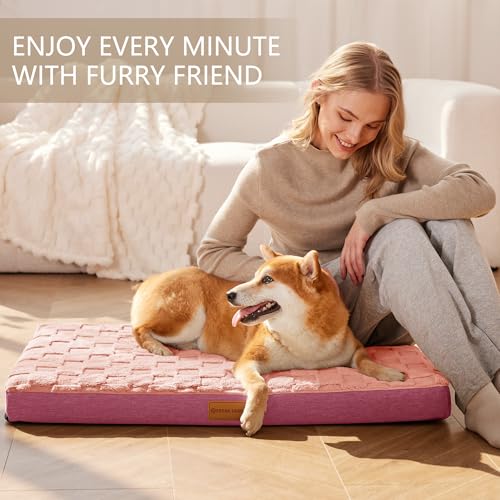 Orthopedic Large Dog Bed Washable Pet Crate Mat 36''X24'' Pink (Pink / 36"L x 24"W x 3.5"Th)