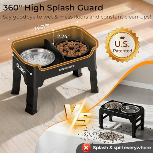 Mess Proof Elevated Dog Bowls for Small Dogs with Slow Feeder (Matte Black / Small)