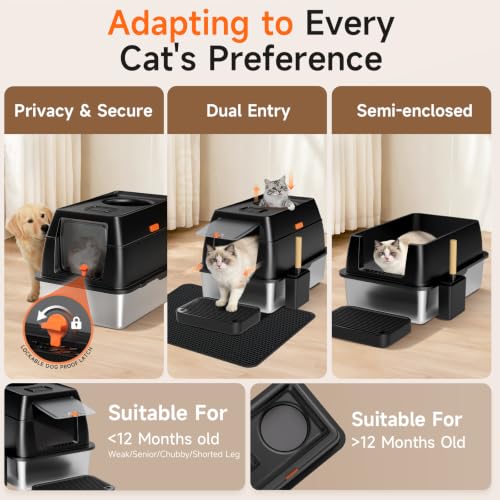 XL Enclosed Stainless Steel Litter Box with Lid (Black)