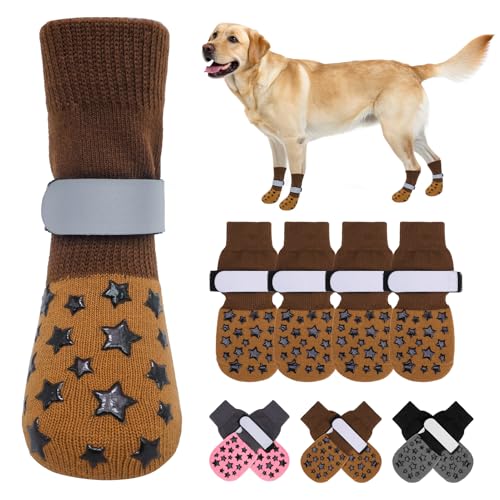 Dog Socks to Prevent Licking Paws Double Sided Grip Traction (khaki / XL(3.1"-3.5" W | Pack of 4))