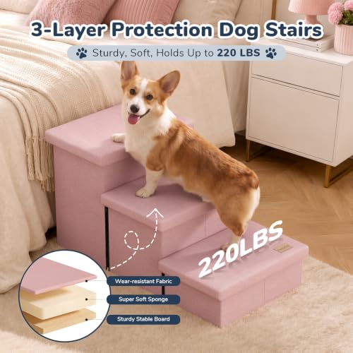 3 Step Wide Dog Stairs with Hidden Storage 18" H (Pink / 30"D x 17"W x 17.7"H)