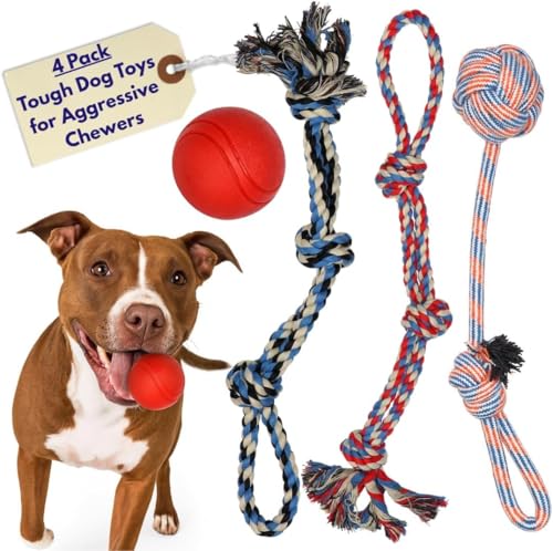 XL Dog Rope Toys for Aggressive CHEWERS (red, white, blue, orange / 4 Piece Set)