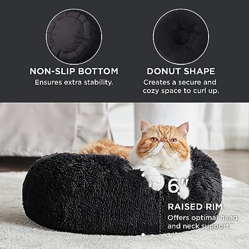 Calming Cat Beds Donut Round Washable Kitten Bed (20"L x 20"W x 6"Th / Black)