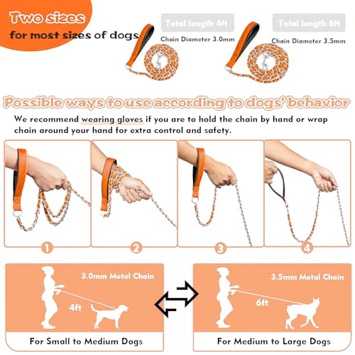 Metal Chain Dog Leash Chew Proof for Dogs (Orange / 6FT 3.0mm (Medium dogs))