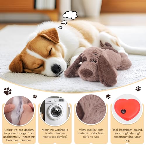 Beverly Shark Puppy Heartbeat Toy Dog Anxiety Relief Calming Aid Puppy Heartbeat Stuffed Animal Behavioral Training Sleep Aid Comfort Soother Plush Toy for Puppies Cats (Brown)