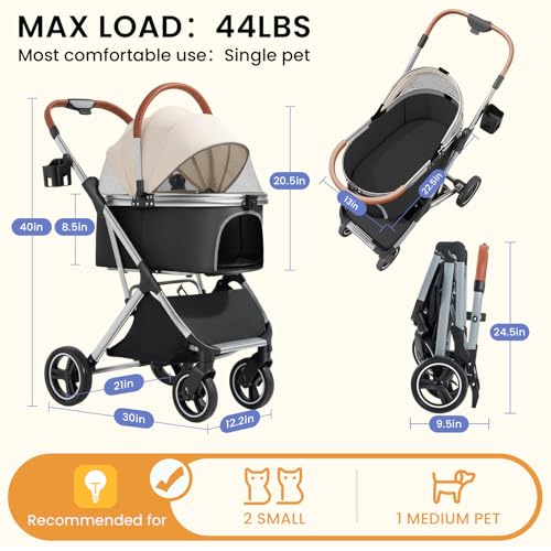 Dog Strollers for Small Medium Dogs Cats 44 lbs (Black&Beige)