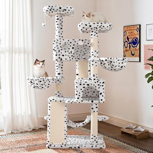 65in Larger Cat Tree Tower Condo for Indoor Kitties (White & Black Spot)