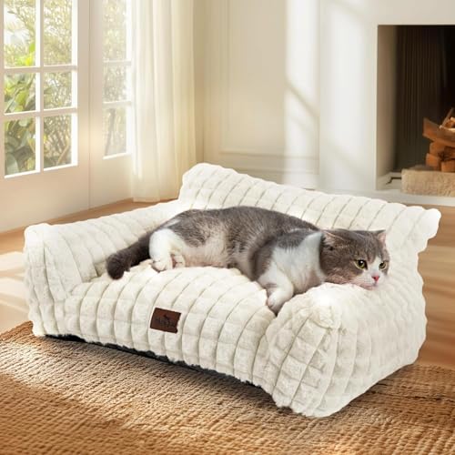 Cat Couch Bed with Fluffy Faux Rabbit Fur for Indoor Cats (Off White / Small: 24"L x 18"W x 10"Th)