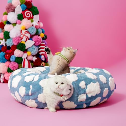 Lesure Donut Cute Jacquard Cat Tunnel Bed Kitten Toys for Puppy Bunny (Standard (33.5"L x 33.5"W x 10"H) / Cozy Clouds Blue)