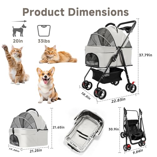 Pet Stroller for Small Dogs and Cats with 4 Wheels (Grey)