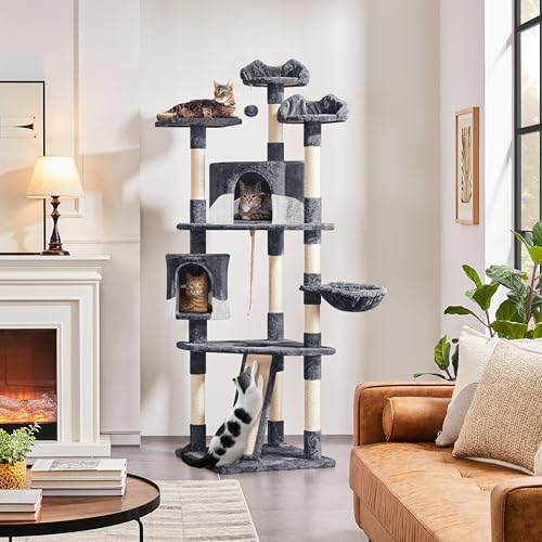 79in Multi Level Cat Tree for Multiple Cats with 9 sisal Posts (Dark Gray and White)
