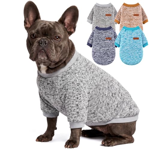 4 Pack Dog Sweaters for Small Dogs Girl Boy Winter Fleece Clothes Warm Soft Dog Sweatshirt Outfit for Dogs Cats Pet Apparel (Grey+Bright Blue+Navy Blue+Khaki / Large)