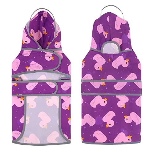 Clear Hooded Dog Raincoat Jacket Poncho with Dog Leash Hole Pr Duck M (Medium / Ducks Purple)