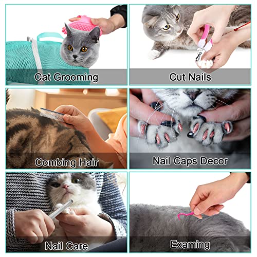10 PCS Cat Washing Bag for Bath Shower Adjustable Net Grooming Set (Pink+Green)