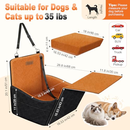 Elevated Dog Car Seat for Small and Medium Dogs Up to 35 lb (Black + Brown)