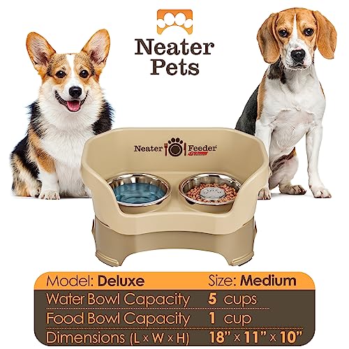 Neater Feeder Deluxe Mess Proof Dog Bowls Elevated for Medium Sized Breeds (Medium with Slow Feed Bowl / Cappuccino)