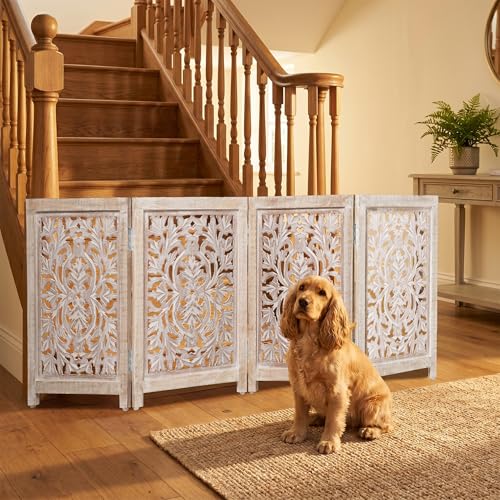 Lightnpro 4 Panel Carved Wooden Dog Gate with Stopper (White Wash / 24x72 - Oliver)
