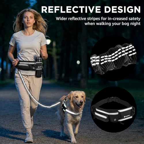 Hands Free Dog Leash with Waist Pack Bungee for Running Black (Black)