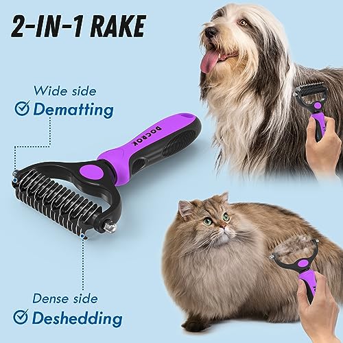 Pet Grooming Brush and Metal Comb Combo (Purple)