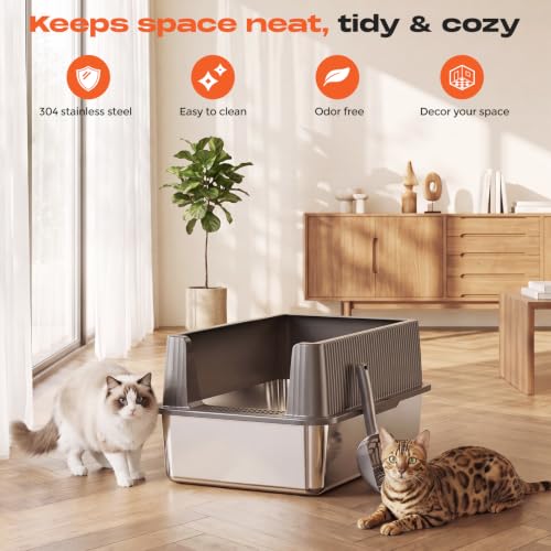 XL Stainless Steel Cat Litter Box with Lid and Scoop (Gray)