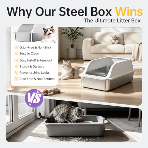 High Sided Stainless Steel XL Cat Litter Box for Cats (Grey XL 2 pack)