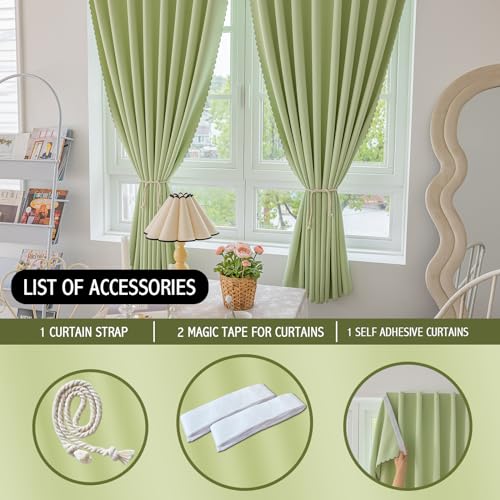 Magic Tape Stick on Curtains Blackout Curtains for Bedroom no Drillng Self Adhesive Curtain no Rod Small Window (Green / 59"W x 98"L (Pack of 2))