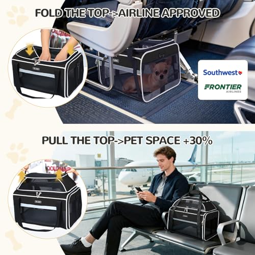 Top Expandable Pet Carrier 18x13x9.5 Inch Southwest Frontier Airline Approved Soft Sided Underseat to 15lbs Travel Carriers for Small Cats Dogs with Locking Safety Zippers Anti (Black)