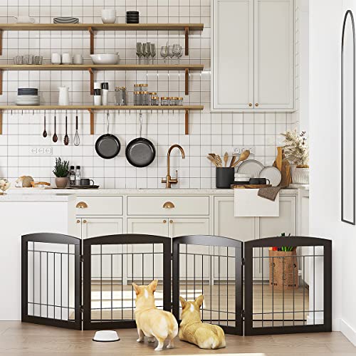 Free Standing Dog Gates for Doorway (Espresso / 【4 Panels】80"W x 24"H)