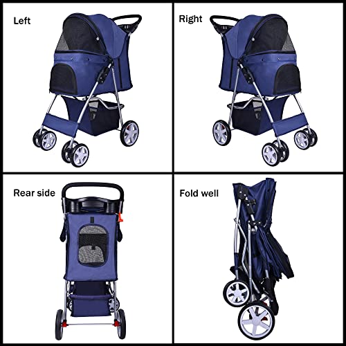 Pet Stroller 4 Wheels Multifunction Dog Cat Stroller (Navy)
