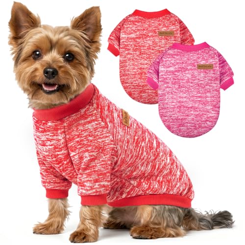 2 Pack Dog Sweaters for Small Dogs Girl Boy Winter Fleece Clothes Warm Soft Dog Sweatshirt Outfit for Dogs Cats Pet Apparel (Red+Rose Red / S (Back: 11.8", Chest: 15.7", 5.5-10 lbs))