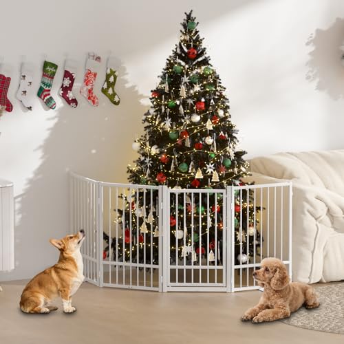Full Metal Freestanding Dog Gate with Door (【4 Panels】80"W*36H" / White)